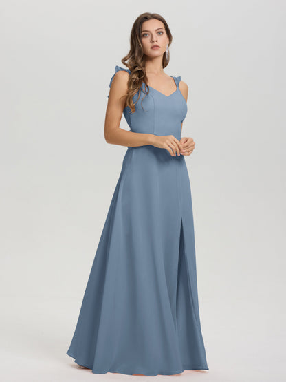 V-Neck Straps Back Tie Floor Length Chiffon Bridesmaid Dress with Slit