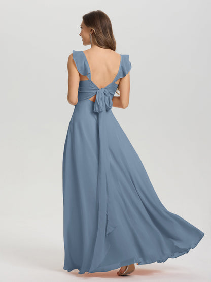 V-Neck Straps Back Tie Floor Length Chiffon Bridesmaid Dress with Slit