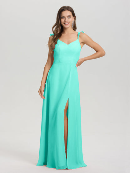 V-Neck Straps Back Tie Floor Length Chiffon Bridesmaid Dress with Slit