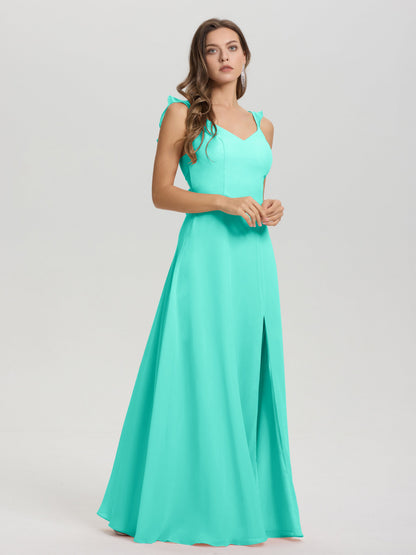 V-Neck Straps Back Tie Floor Length Chiffon Bridesmaid Dress with Slit