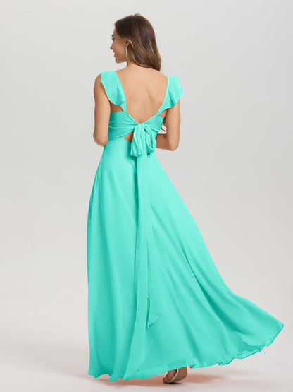 V-Neck Straps Back Tie Floor Length Chiffon Bridesmaid Dress with Slit