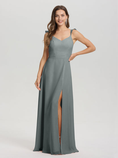 V-Neck Straps Back Tie Floor Length Chiffon Bridesmaid Dress with Slit