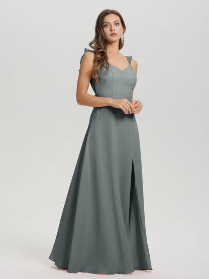 V-Neck Straps Back Tie Floor Length Chiffon Bridesmaid Dress with Slit