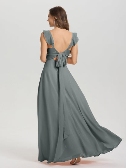 V-Neck Straps Back Tie Floor Length Chiffon Bridesmaid Dress with Slit