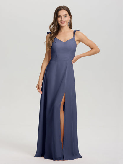 V-Neck Straps Back Tie Floor Length Chiffon Bridesmaid Dress with Slit