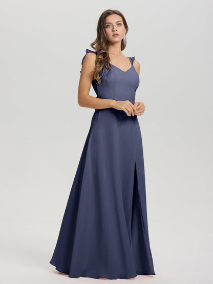 V-Neck Straps Back Tie Floor Length Chiffon Bridesmaid Dress with Slit