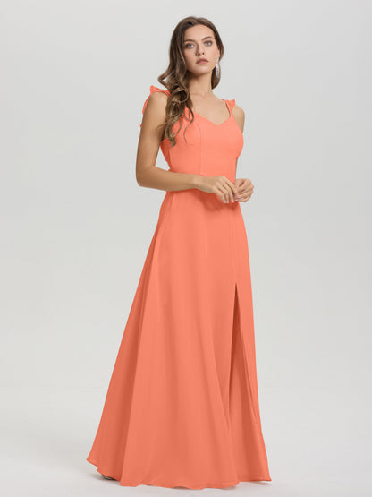 V-Neck Straps Back Tie Floor Length Chiffon Bridesmaid Dress with Slit