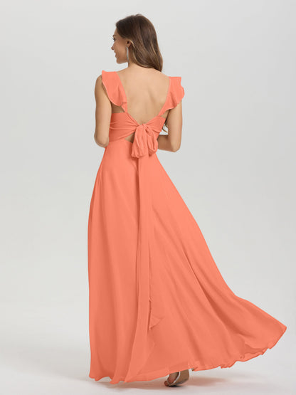V-Neck Straps Back Tie Floor Length Chiffon Bridesmaid Dress with Slit