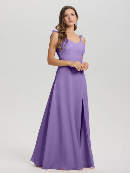 V-Neck Straps Back Tie Floor Length Chiffon Bridesmaid Dress with Slit