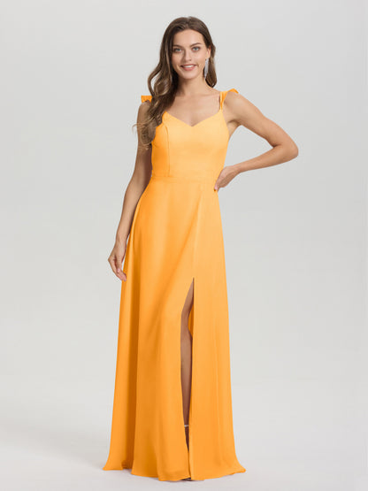 V-Neck Straps Back Tie Floor Length Chiffon Bridesmaid Dress with Slit