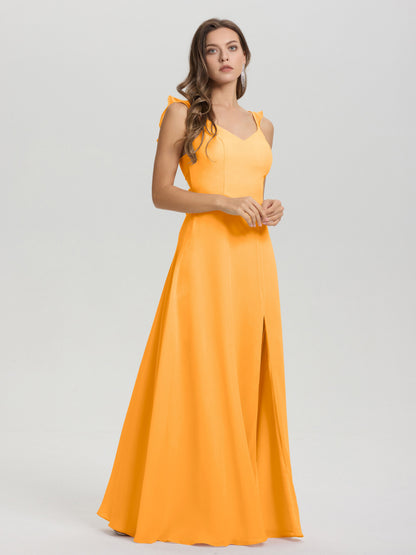 V-Neck Straps Back Tie Floor Length Chiffon Bridesmaid Dress with Slit