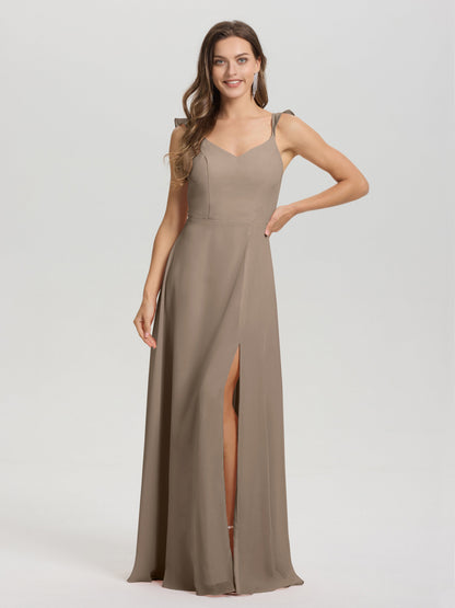V-Neck Straps Back Tie Floor Length Chiffon Bridesmaid Dress with Slit