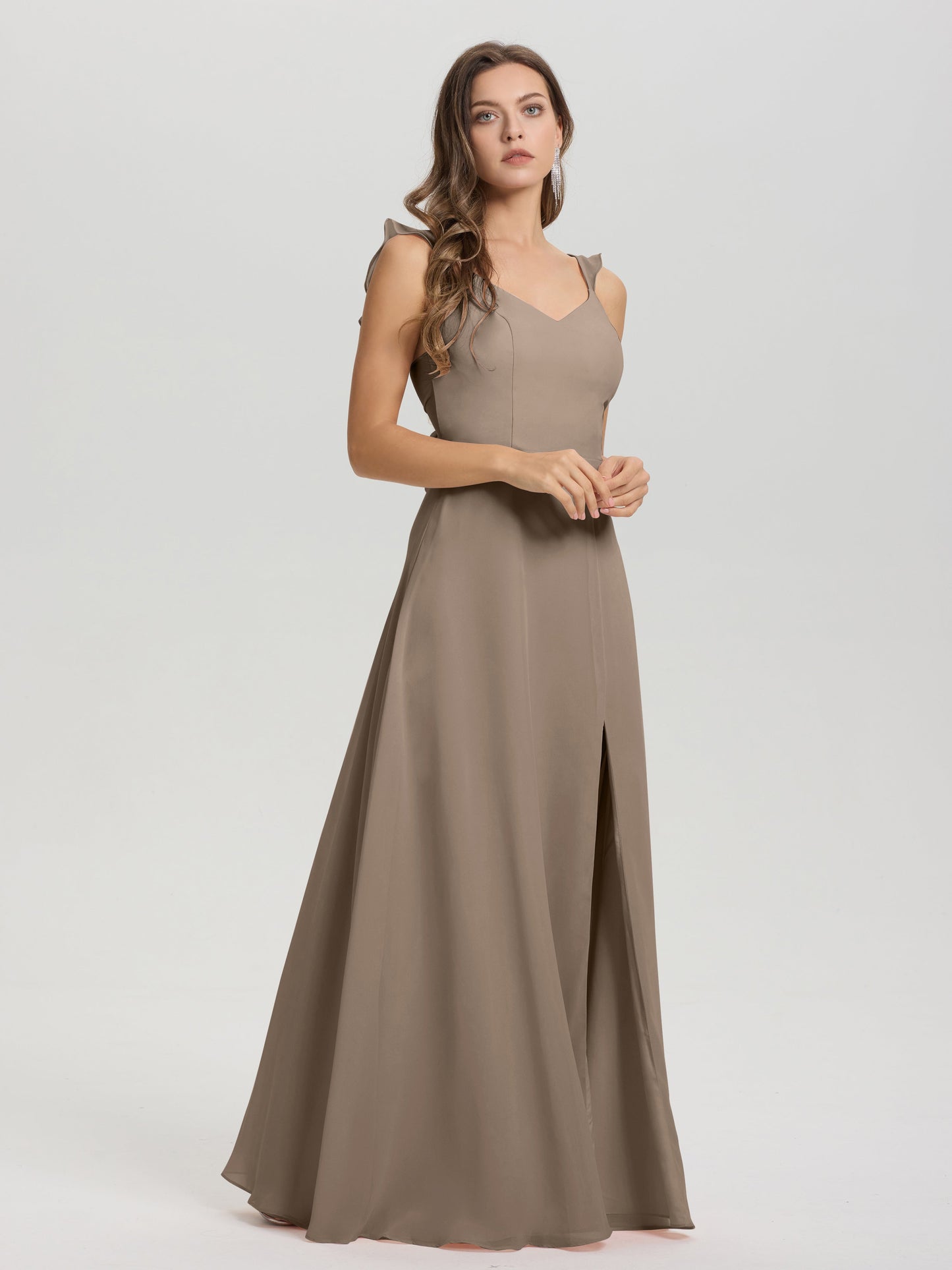 V-Neck Straps Back Tie Floor Length Chiffon Bridesmaid Dress with Slit