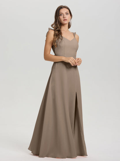 V-Neck Straps Back Tie Floor Length Chiffon Bridesmaid Dress with Slit