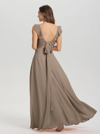 V-Neck Straps Back Tie Floor Length Chiffon Bridesmaid Dress with Slit