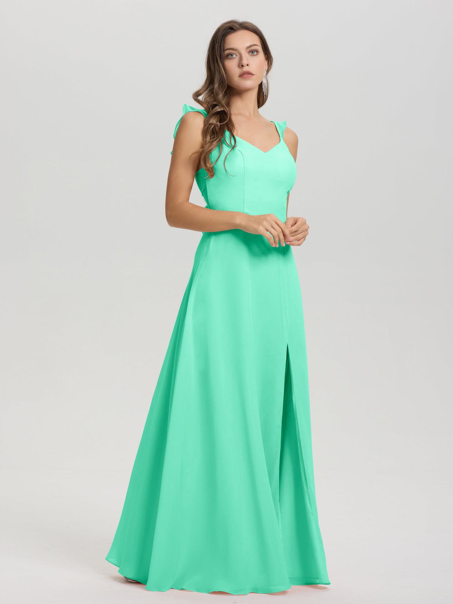 V-Neck Straps Back Tie Floor Length Chiffon Bridesmaid Dress with Slit