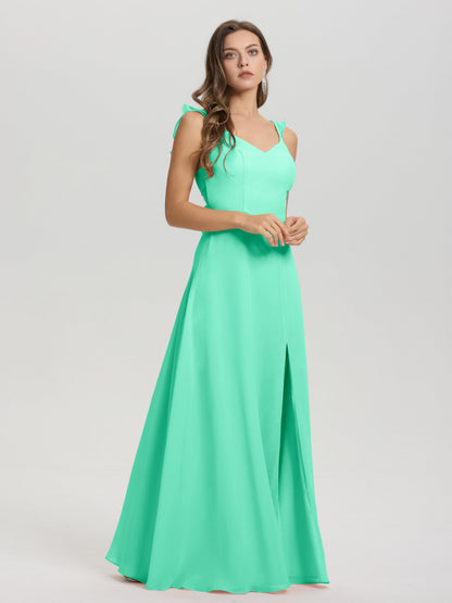 V-Neck Straps Back Tie Floor Length Chiffon Bridesmaid Dress with Slit