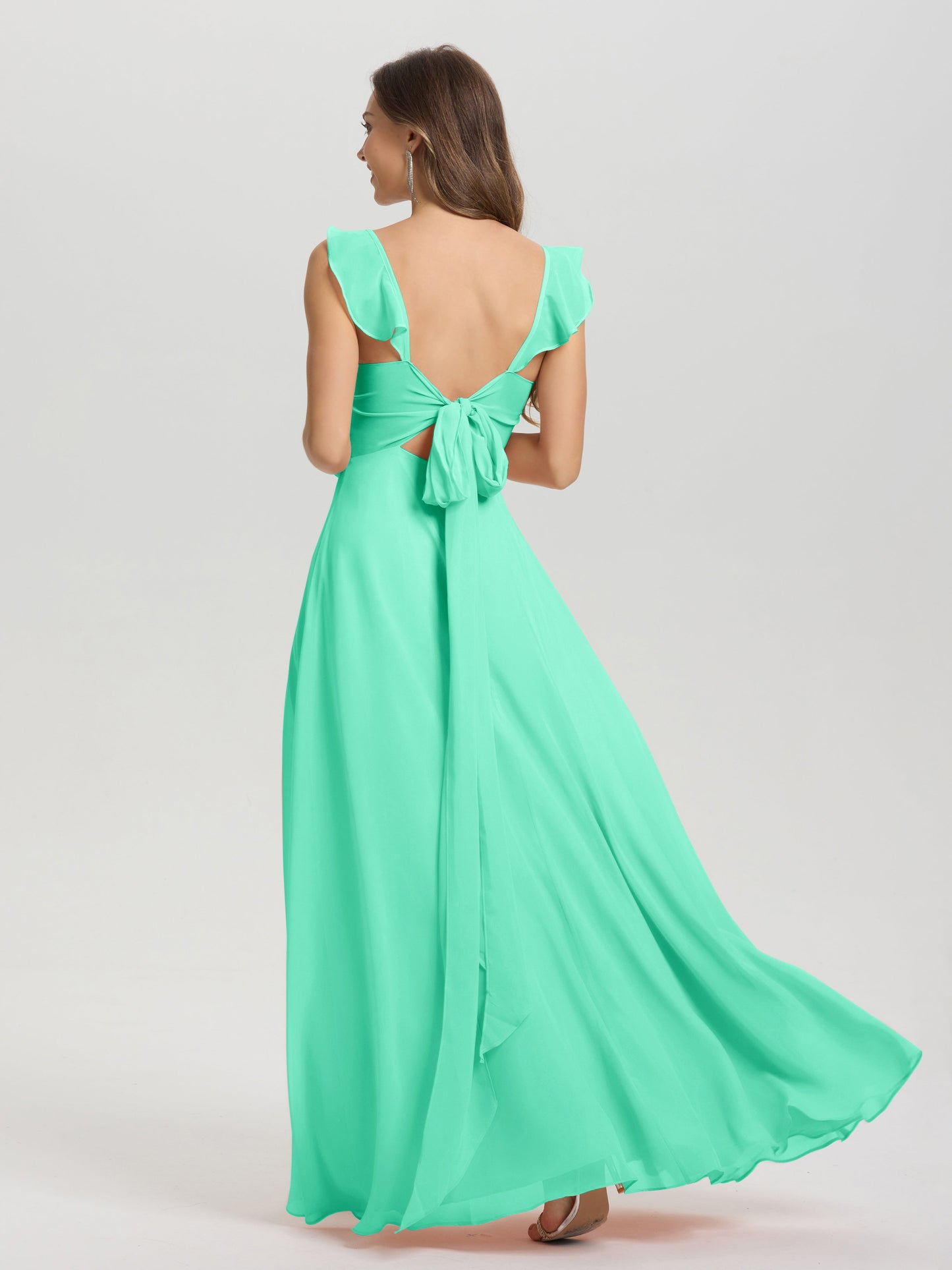 V-Neck Straps Back Tie Floor Length Chiffon Bridesmaid Dress with Slit