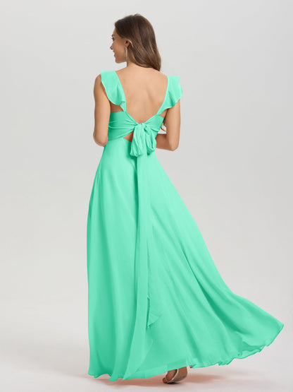 V-Neck Straps Back Tie Floor Length Chiffon Bridesmaid Dress with Slit