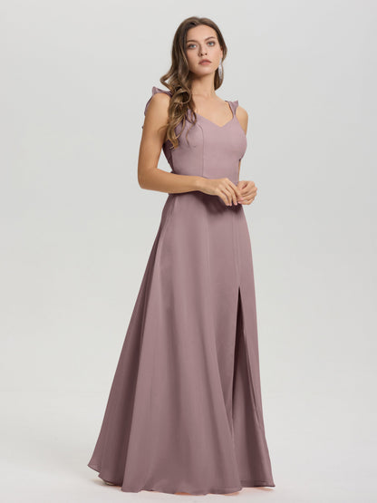 V-Neck Straps Back Tie Floor Length Chiffon Bridesmaid Dress with Slit