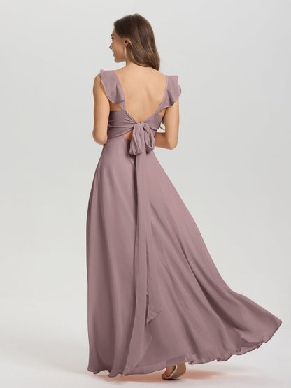 V-Neck Straps Back Tie Floor Length Chiffon Bridesmaid Dress with Slit