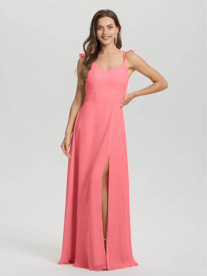 V-Neck Straps Back Tie Floor Length Chiffon Bridesmaid Dress with Slit
