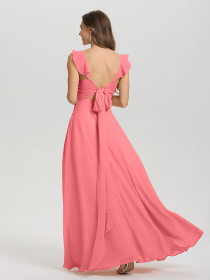 V-Neck Straps Back Tie Floor Length Chiffon Bridesmaid Dress with Slit