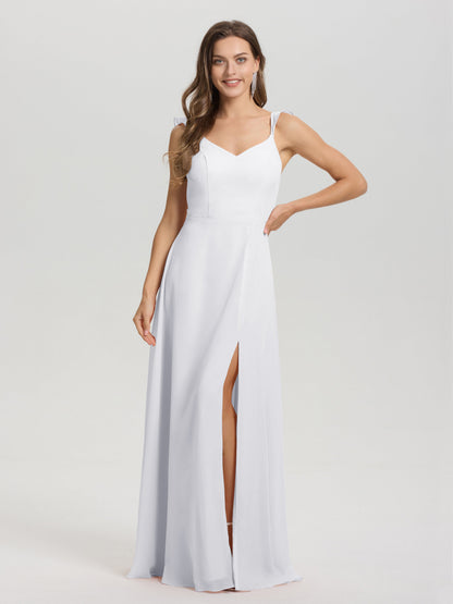 V-Neck Straps Back Tie Floor Length Chiffon Bridesmaid Dress with Slit