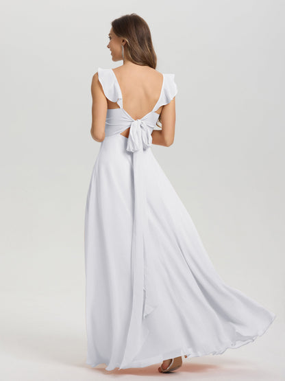 V-Neck Straps Back Tie Floor Length Chiffon Bridesmaid Dress with Slit