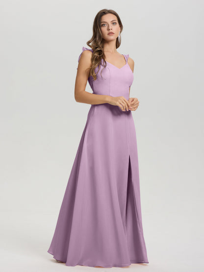 V-Neck Straps Back Tie Floor Length Chiffon Bridesmaid Dress with Slit