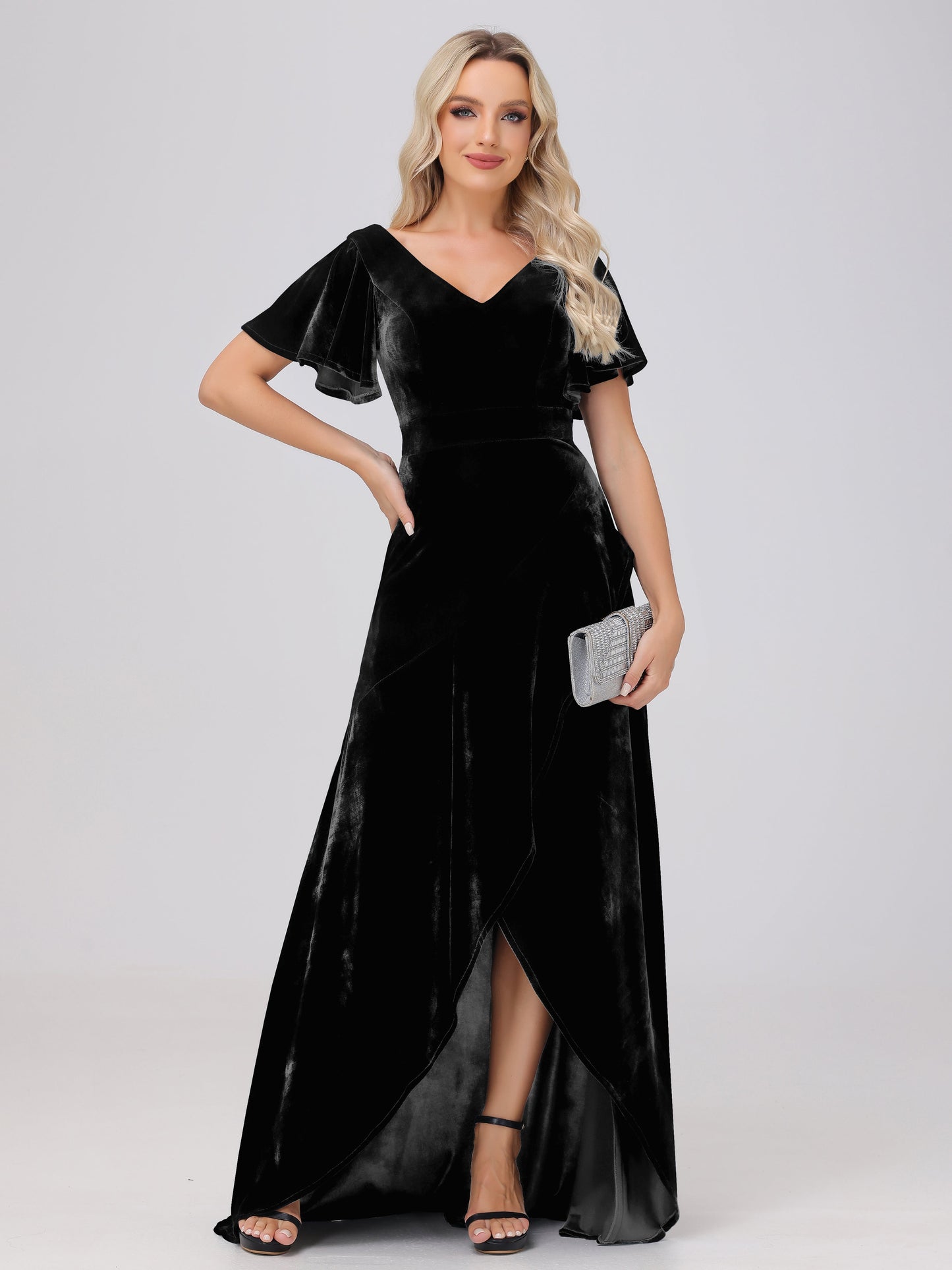 V-Neck Short Sleeves Ruffles Velvet Bridesmaid Dresses