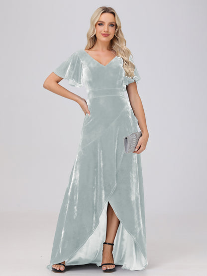 V-Neck Short Sleeves Ruffles Velvet Bridesmaid Dresses