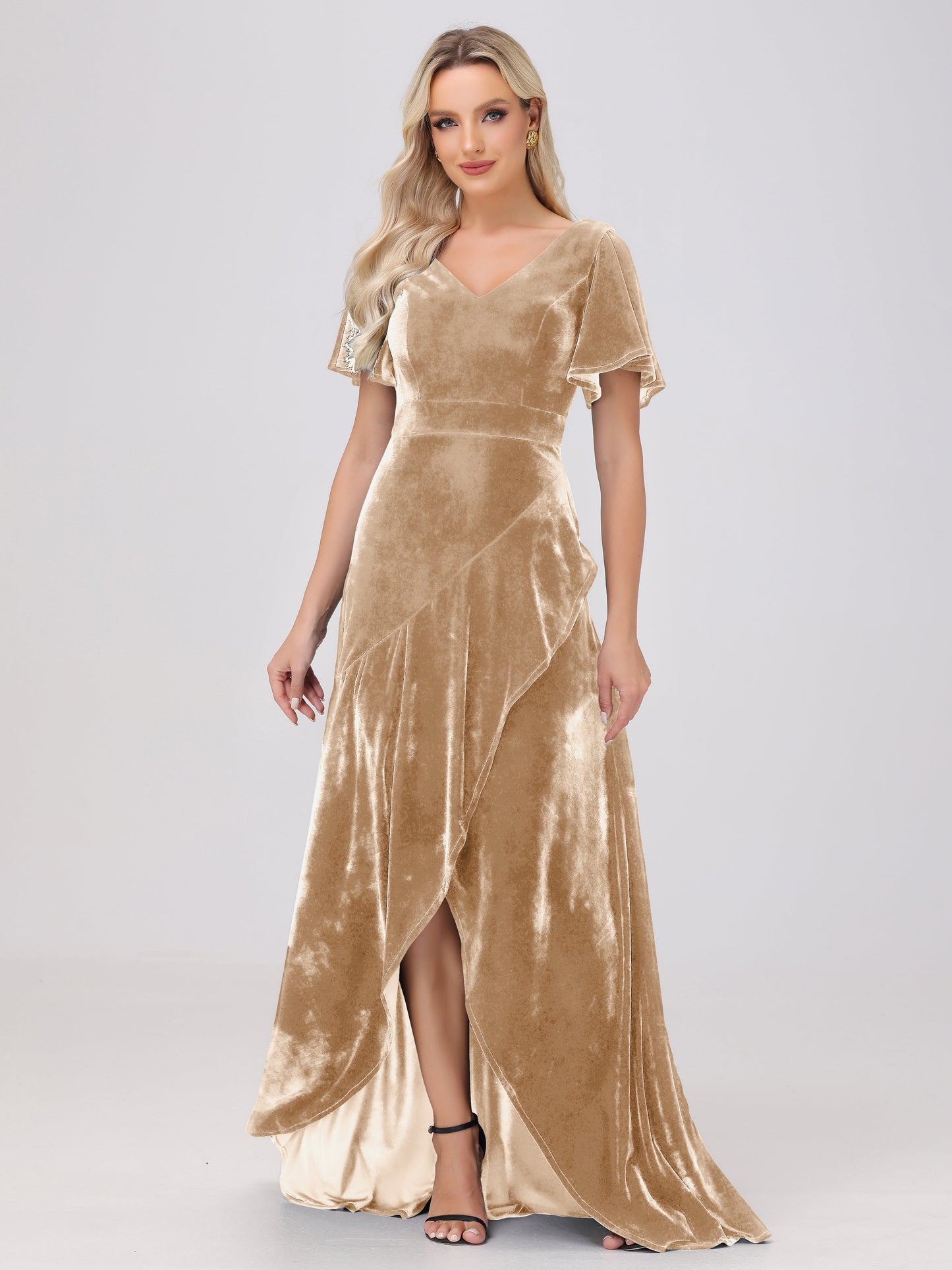 V-Neck Short Sleeves Ruffles Velvet Bridesmaid Dresses