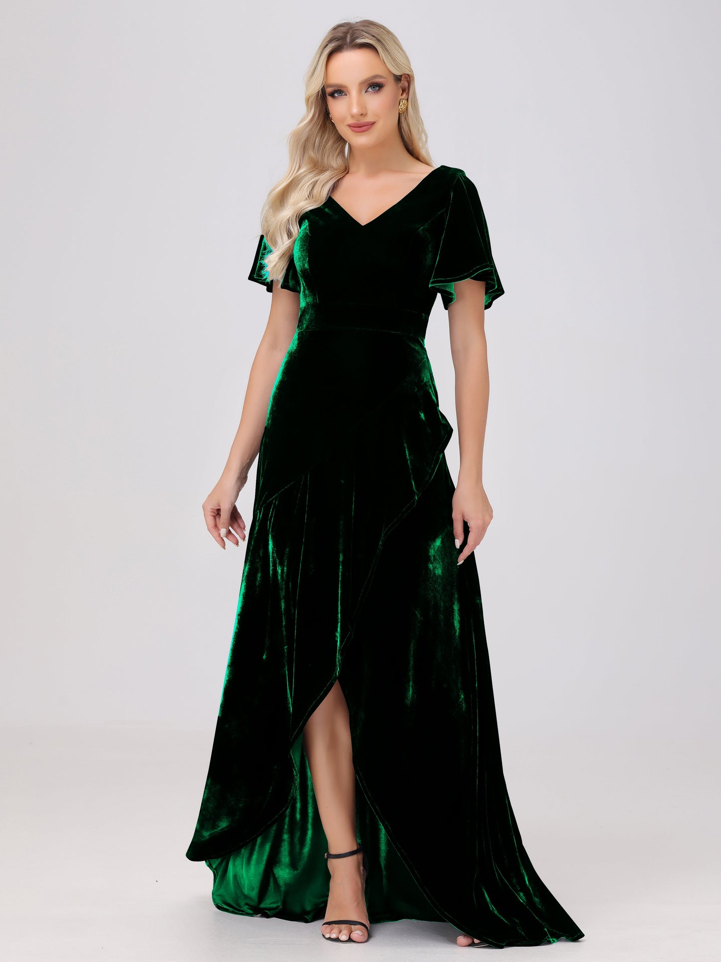 V-Neck Short Sleeves Ruffles Velvet Bridesmaid Dresses