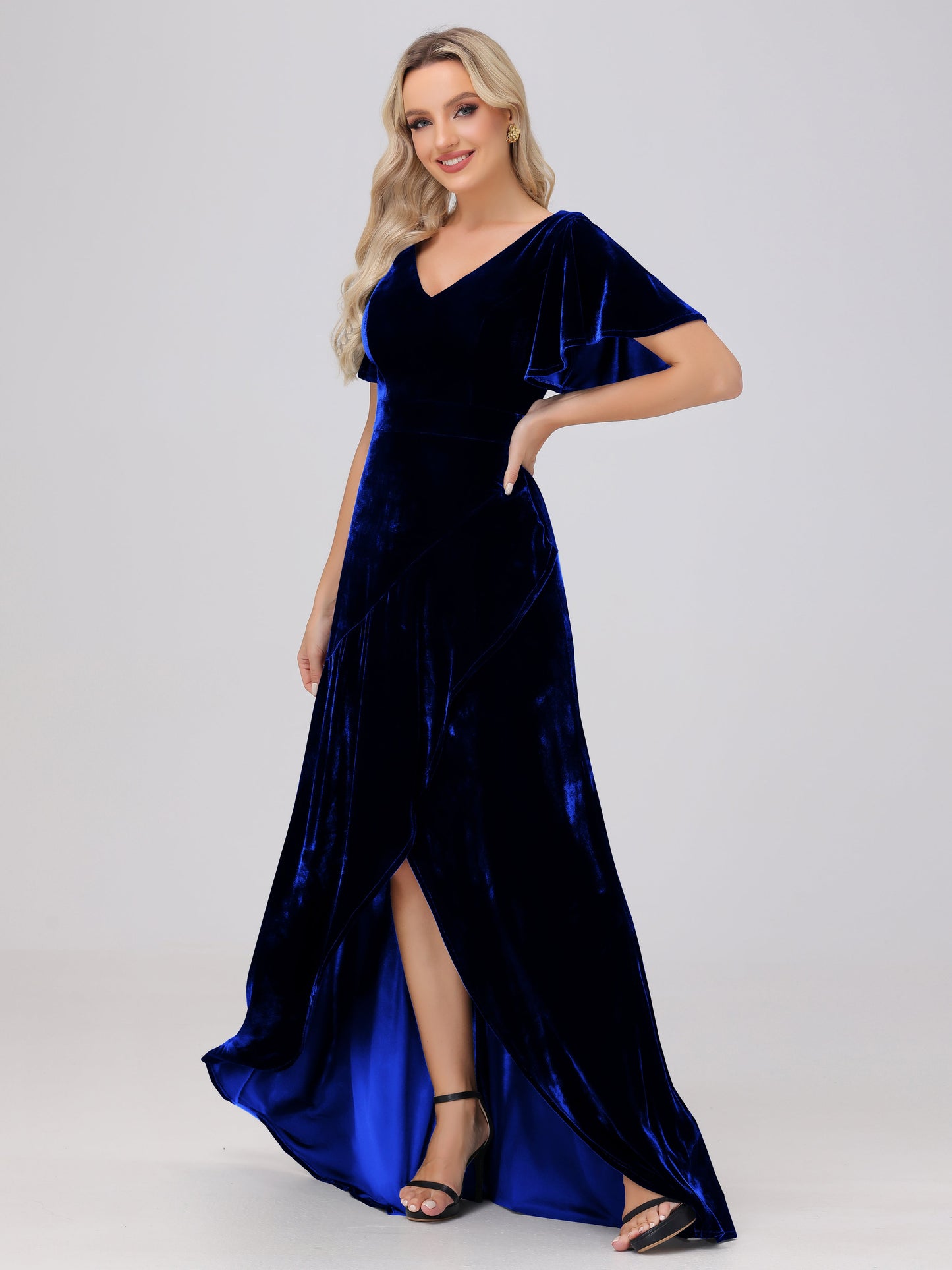 V-Neck Short Sleeves Ruffles Velvet Bridesmaid Dresses