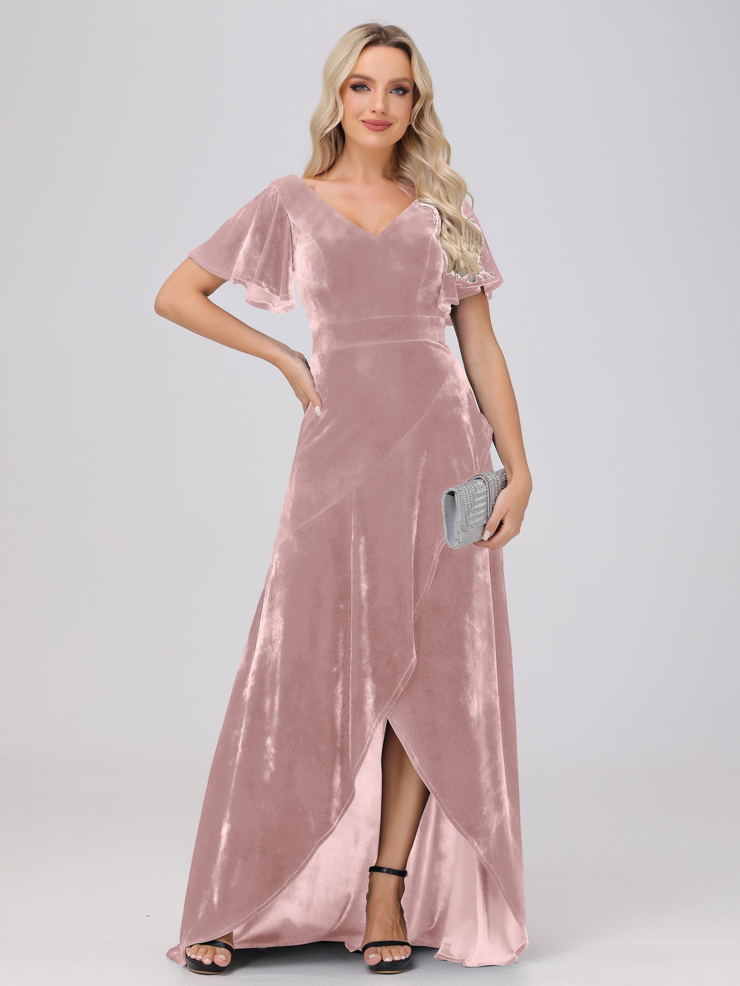 V-Neck Short Sleeves Ruffles Velvet Bridesmaid Dresses