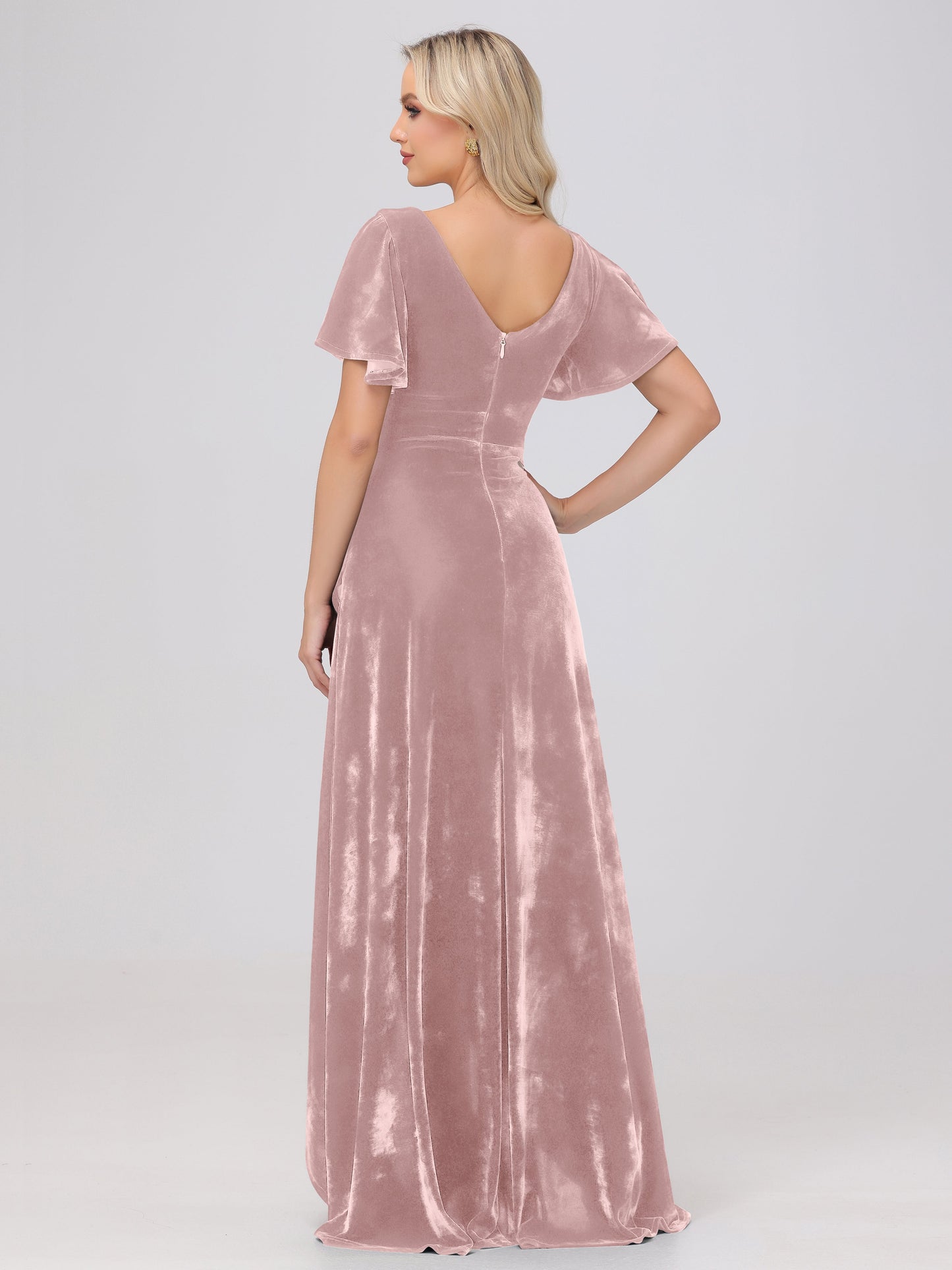 V-Neck Short Sleeves Ruffles Velvet Bridesmaid Dresses