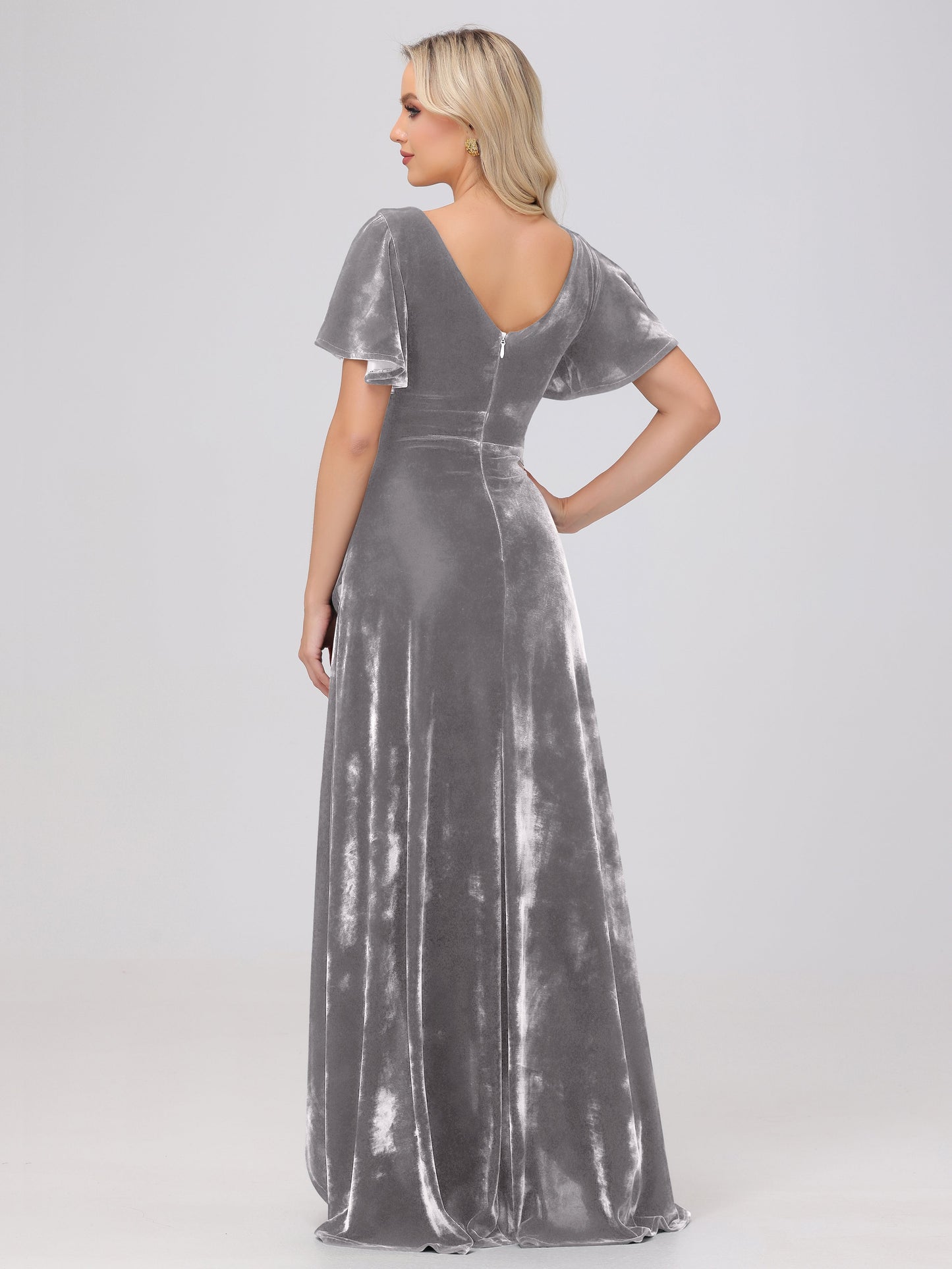 V-Neck Short Sleeves Ruffles Velvet Bridesmaid Dresses