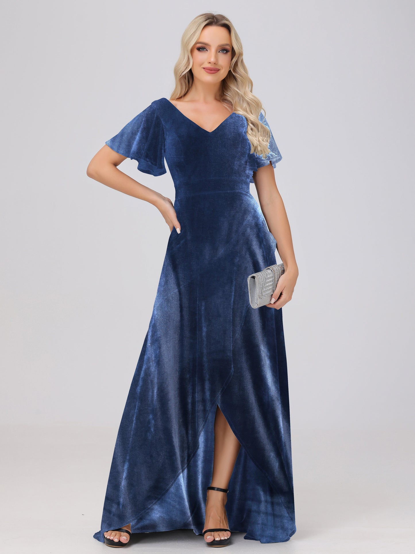 V-Neck Short Sleeves Ruffles Velvet Bridesmaid Dresses