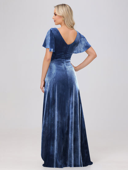 V-Neck Short Sleeves Ruffles Velvet Bridesmaid Dresses