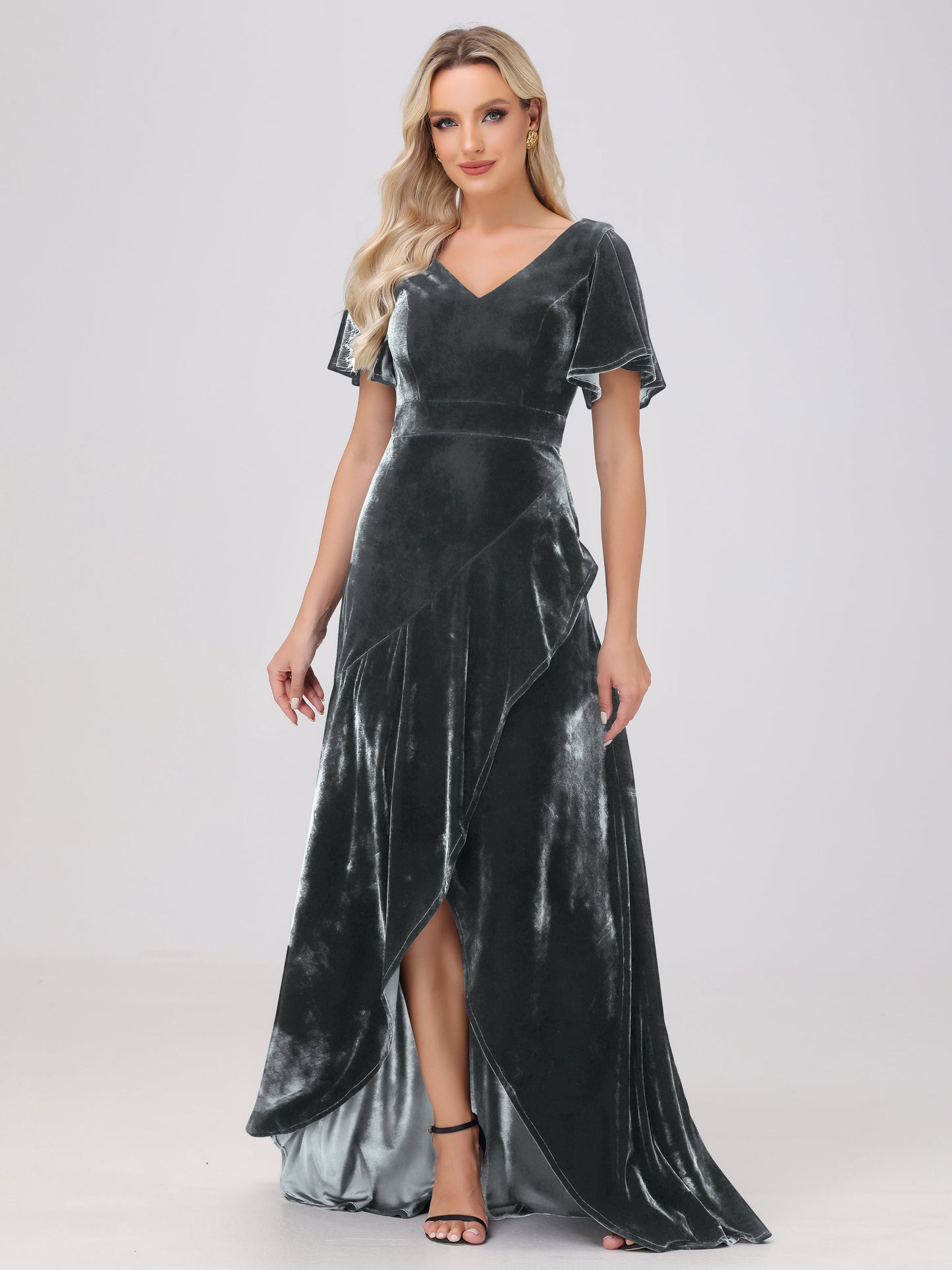 V-Neck Short Sleeves Ruffles Velvet Bridesmaid Dresses