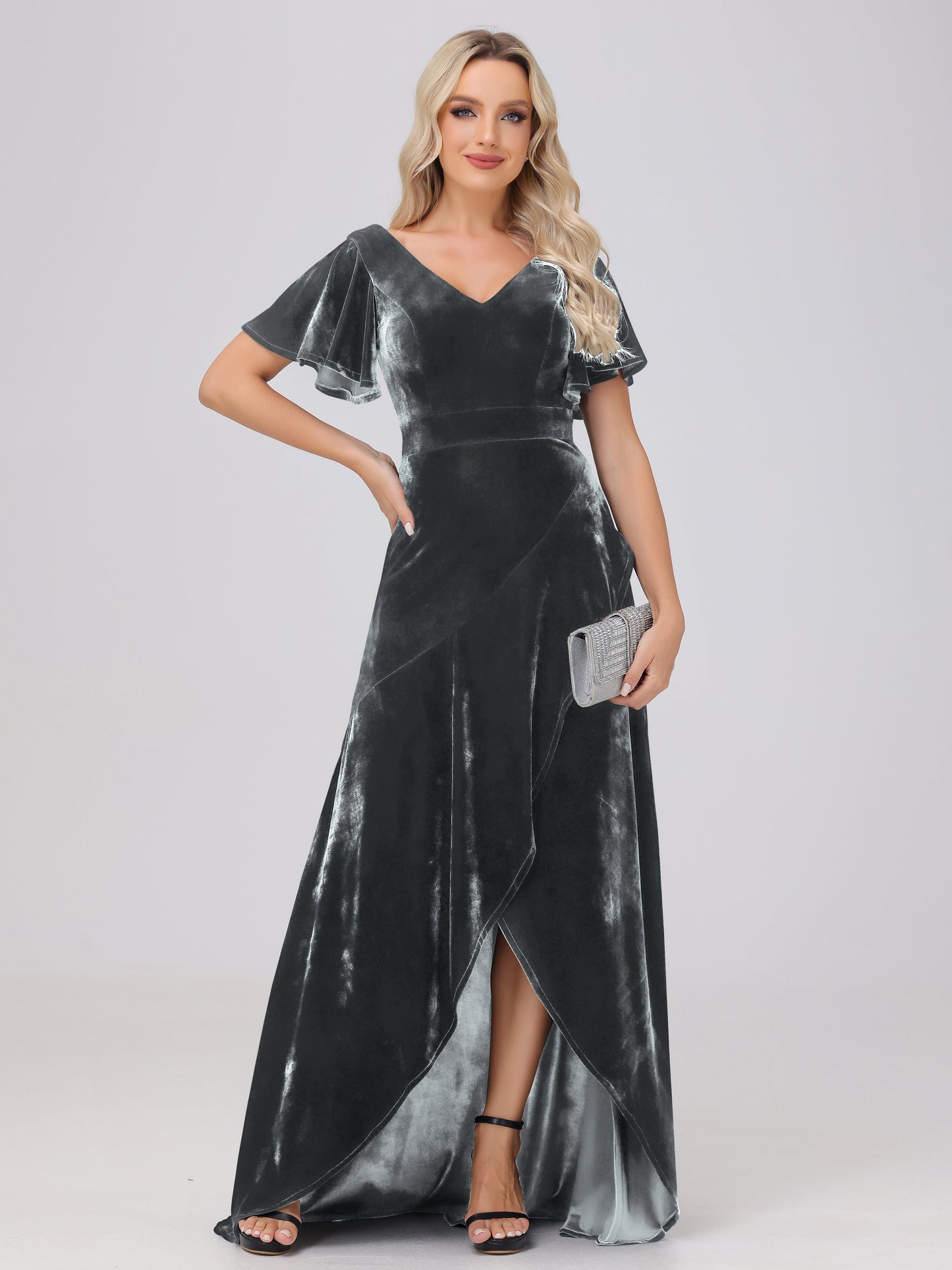 V-Neck Short Sleeves Ruffles Velvet Bridesmaid Dresses