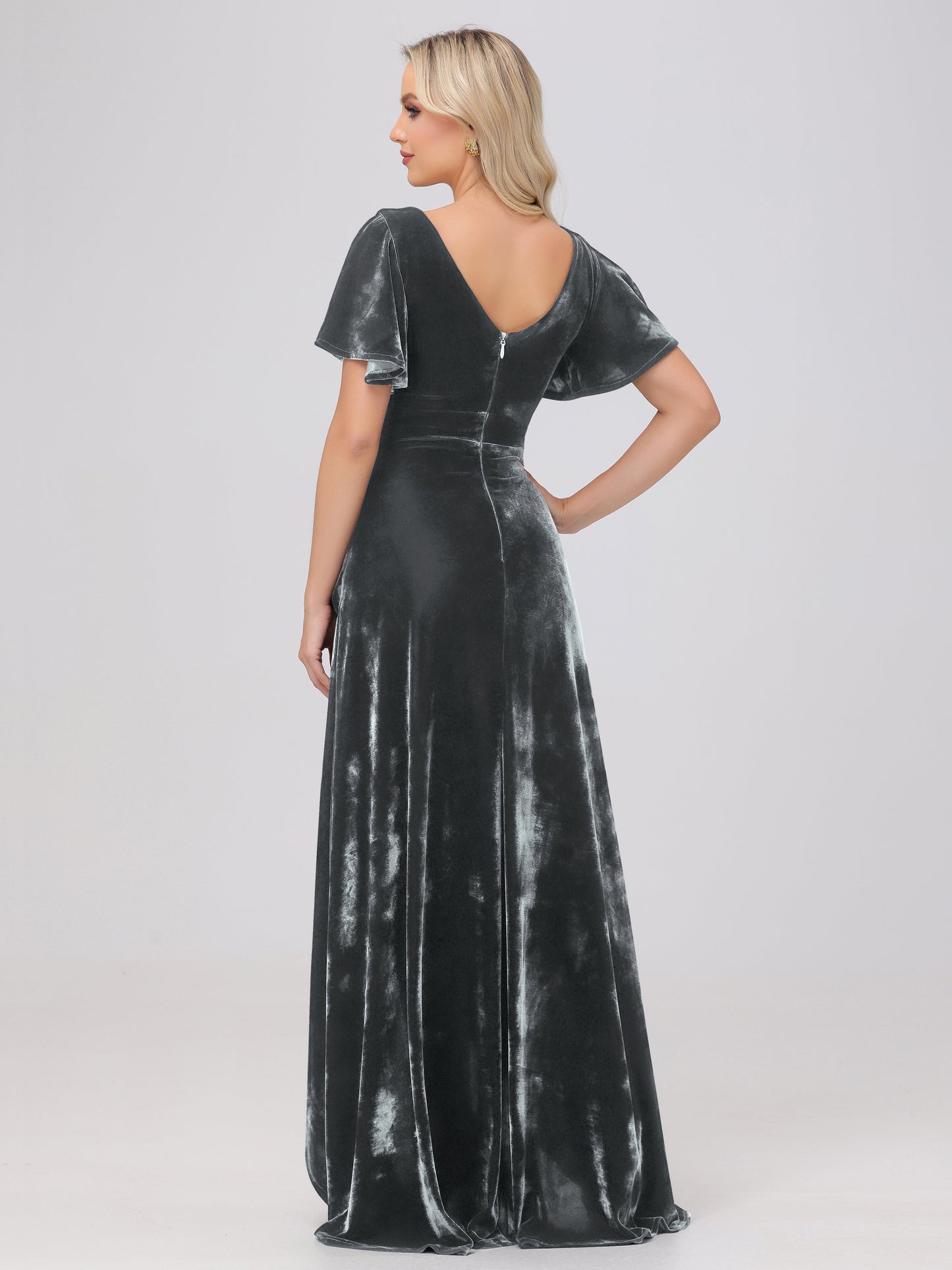 V-Neck Short Sleeves Ruffles Velvet Bridesmaid Dresses