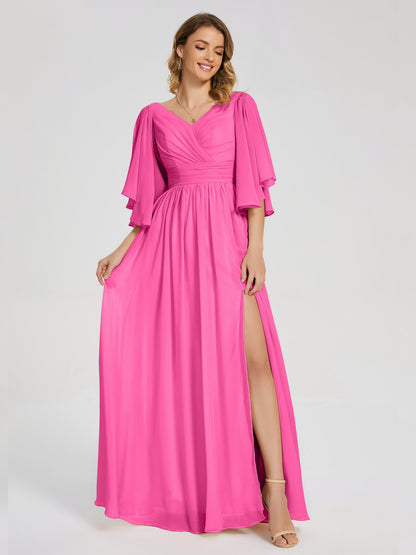 Giselle V-neck Half Sleeves Slit Bridesmaid Dress