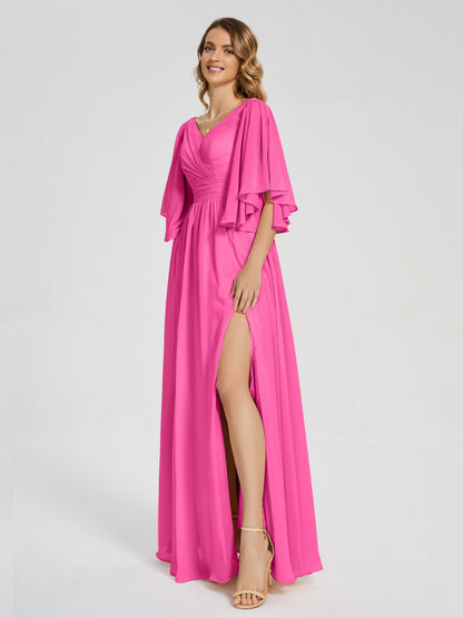 Giselle V-neck Half Sleeves Slit Bridesmaid Dress