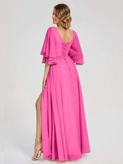 Giselle V-neck Half Sleeves Slit Bridesmaid Dress