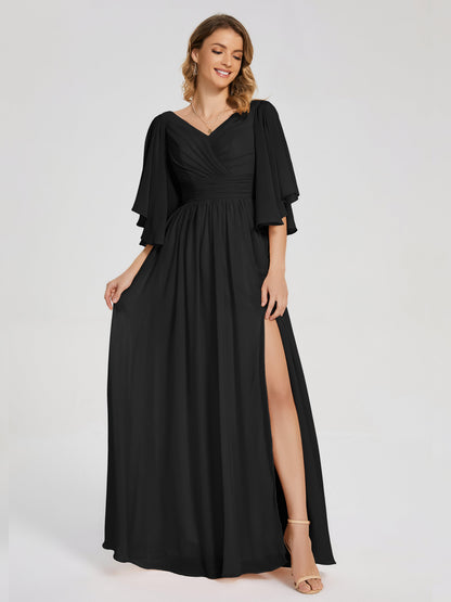Giselle V-neck Half Sleeves Slit Bridesmaid Dress
