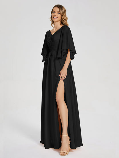 Giselle V-neck Half Sleeves Slit Bridesmaid Dress