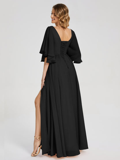 Giselle V-neck Half Sleeves Slit Bridesmaid Dress