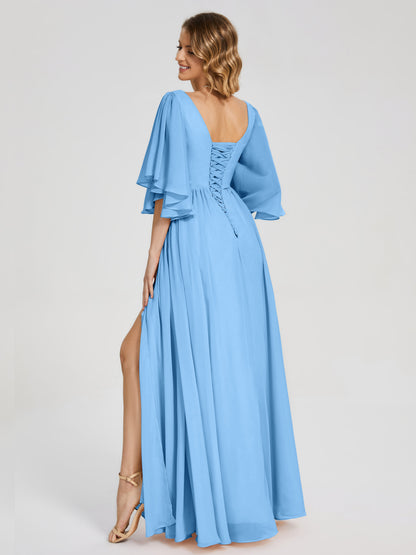 Giselle V-neck Half Sleeves Slit Bridesmaid Dress